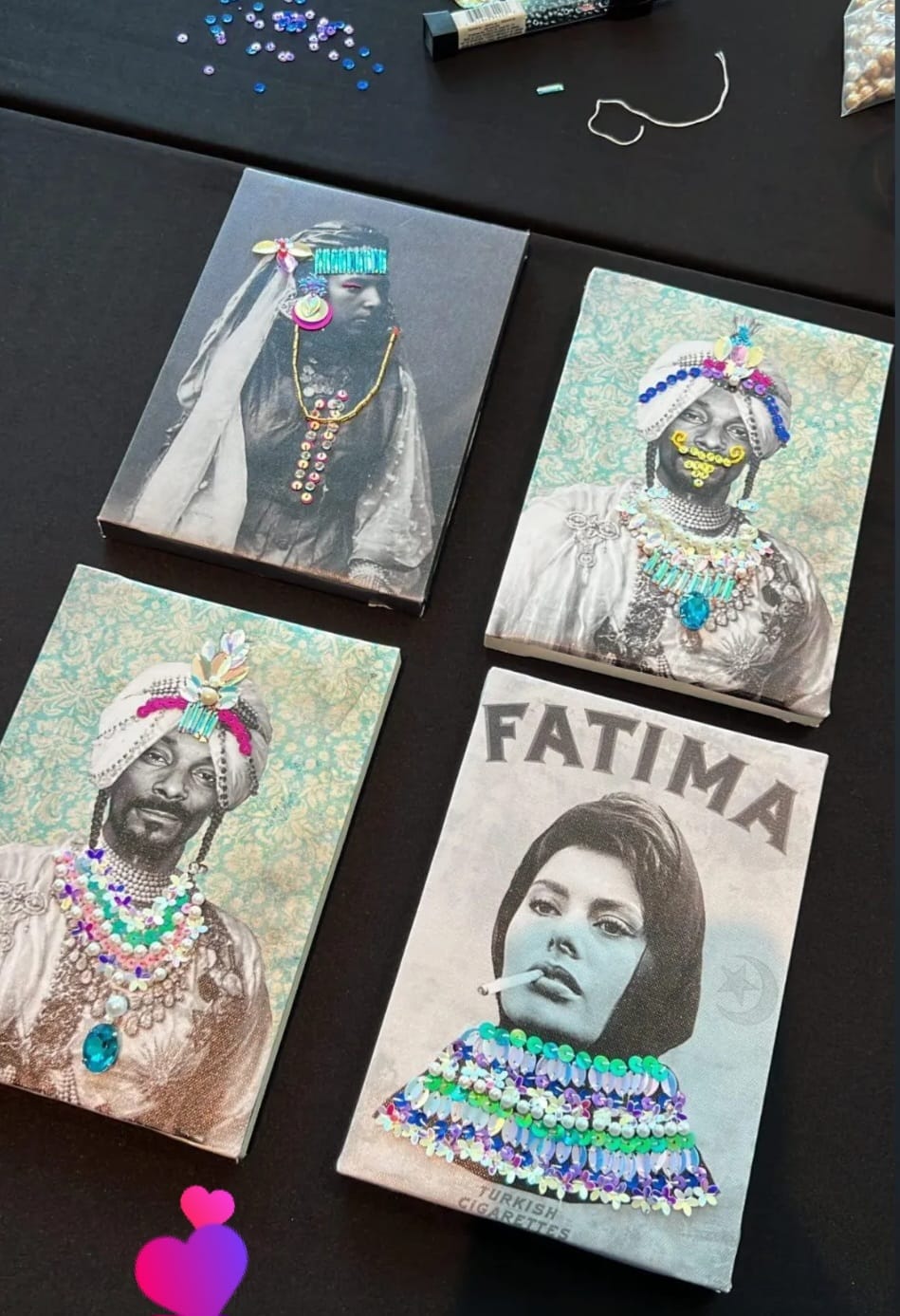 Quartet of embroidered pieces created by workshop attendees